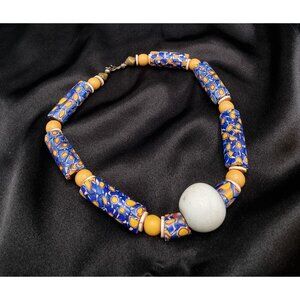 Antique Millefiori Trade Bead Necklace With White Focal Bead & Blue/Orange Glass